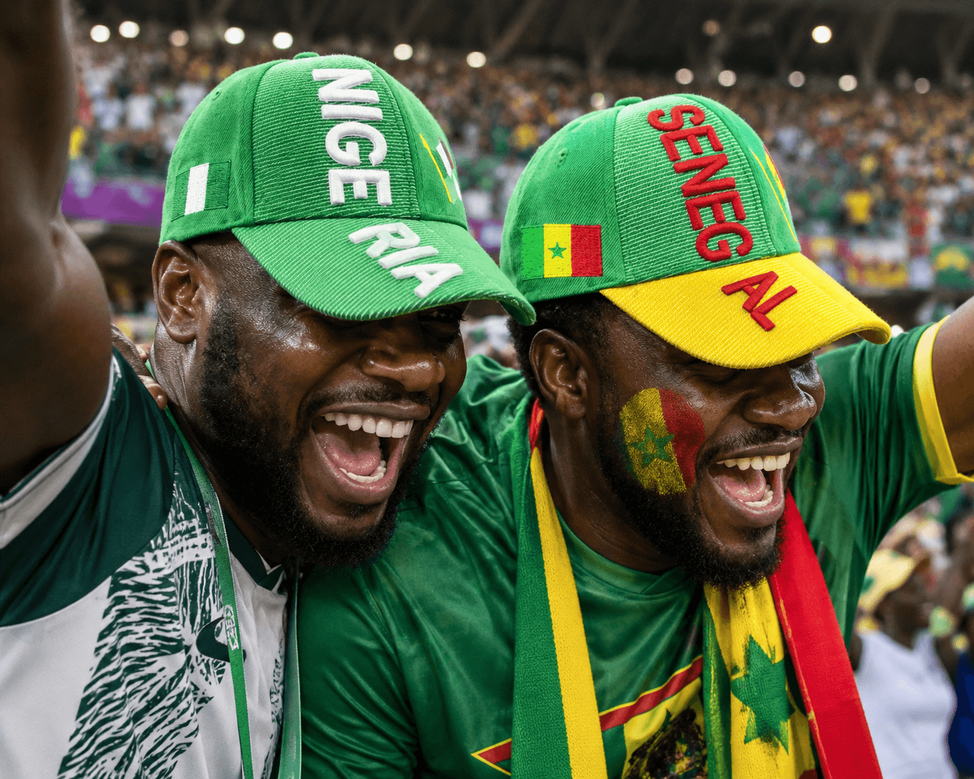 Two fans celebrating at a stadium wearing Nigeria and Senegal embroidered caps