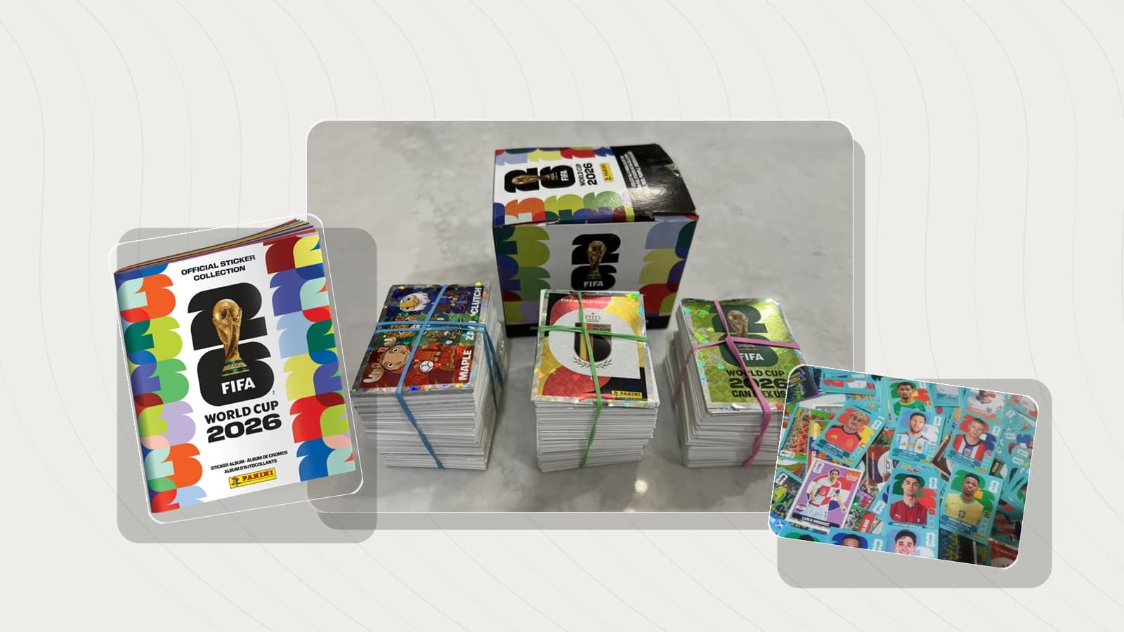 Panini FIFA World Cup 2026 sticker box with organized sticker stacks