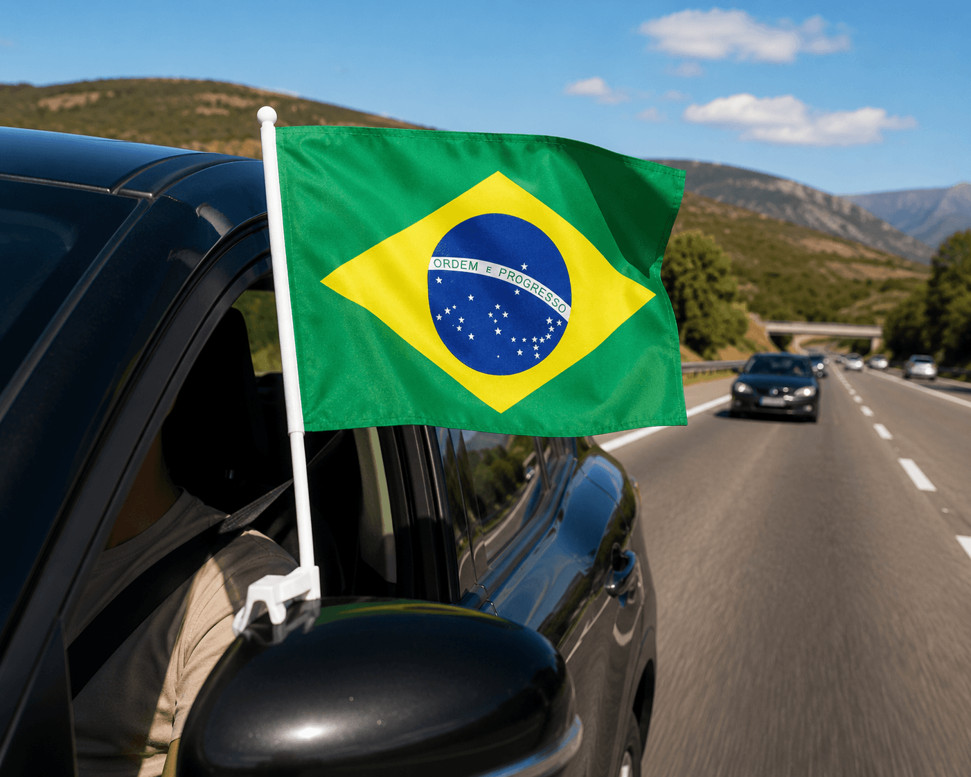 Brazil flag car window flag waving on a highway