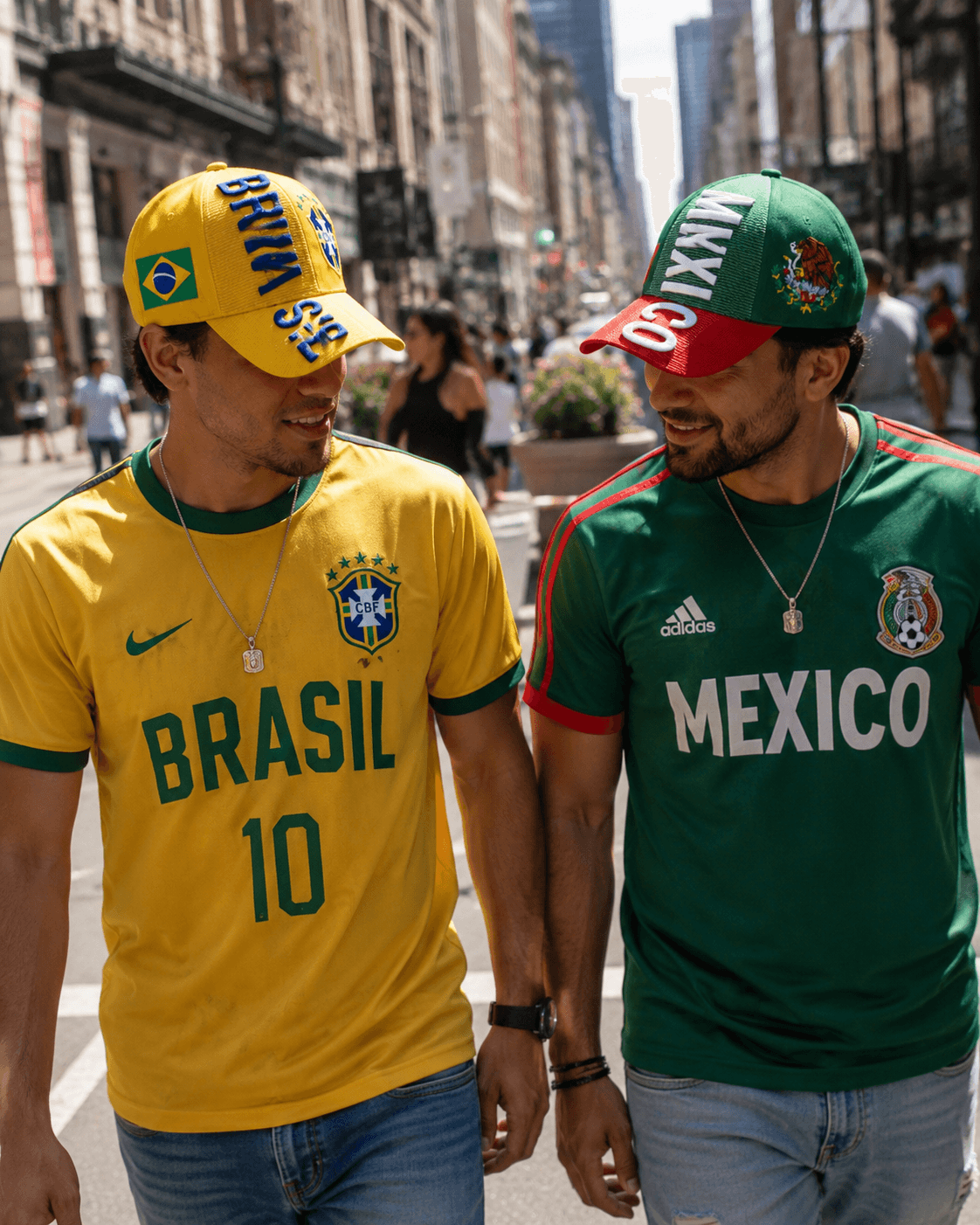 Two fans wearing Brazil and Mexico caps walking on a city street