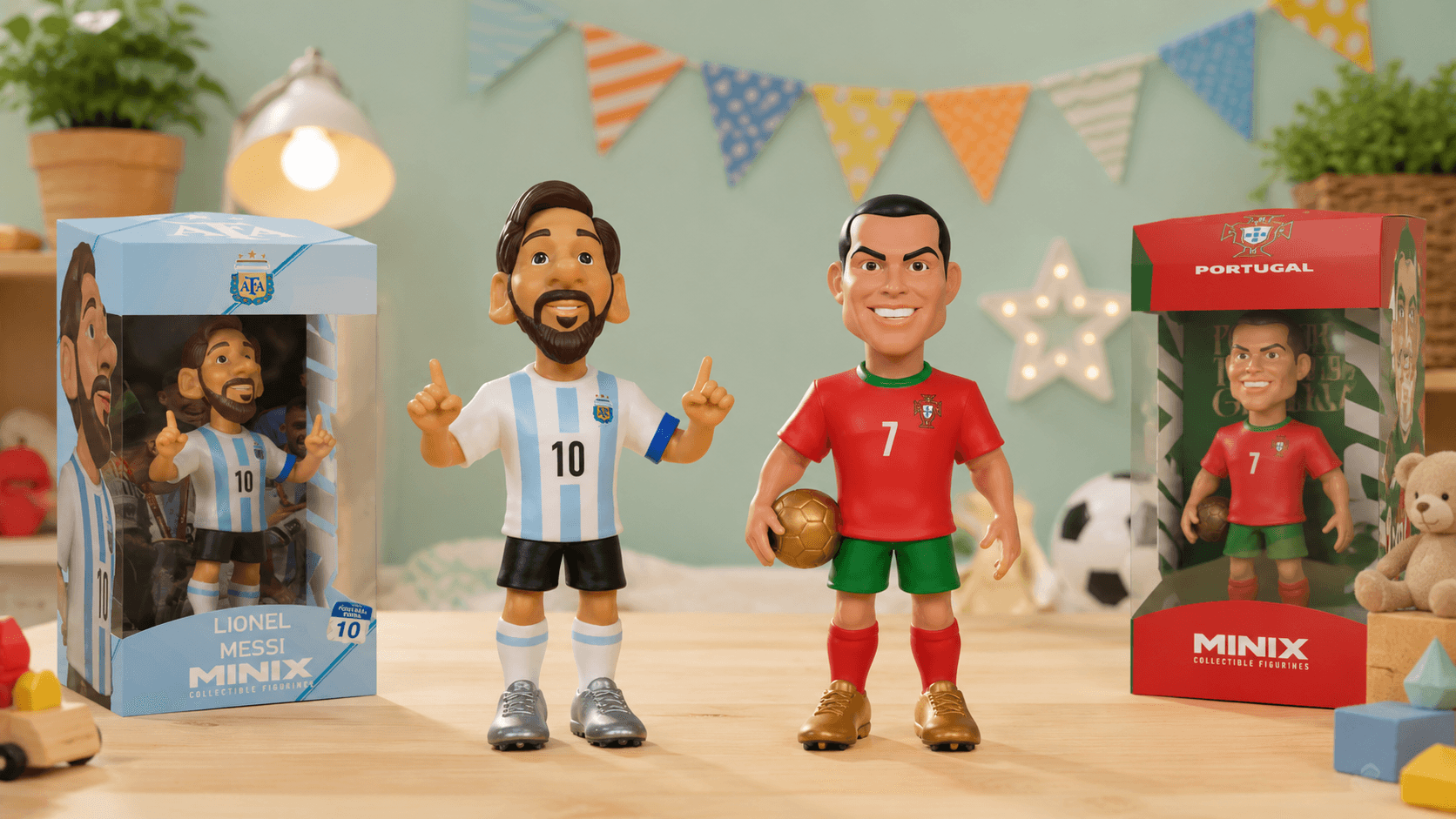 Minix collectible figures of Lionel Messi Argentina #10 and Cristiano Ronaldo Portugal #7