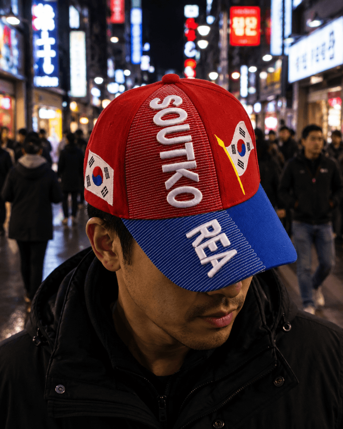 Man wearing South Korea embroidered cap on a Seoul city street at night